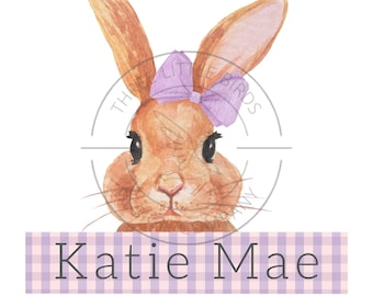 Purple Bunny Gingham Name PNG, sublimation, purple easter, watercolor bunny, kids easter shirt, girls easter bunny bow png, digital download