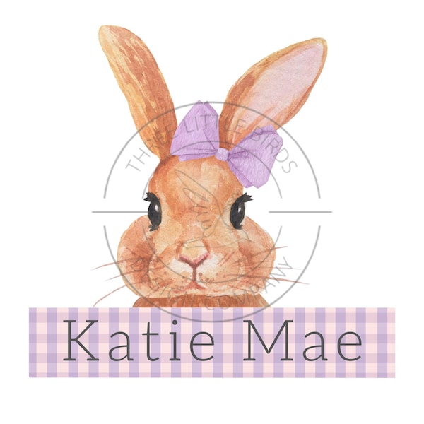 Purple Bunny Gingham Name PNG, sublimation, purple easter, watercolor bunny, kids easter shirt, girls easter bunny bow png, digital download