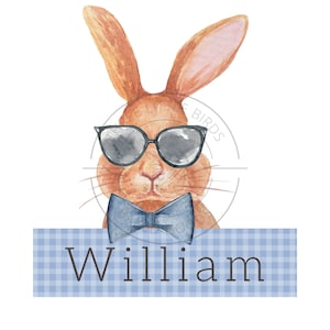 May include: A watercolour illustration of a brown bunny wearing sunglasses and a blue bow tie. The bunny is holding a blue and white gingham banner with the name "William" written in black.