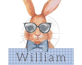 Easter Bunny Blue Gingham Name PNG, sublimation, blue, gingham, sunglasses, Easter boy, Easter shirt PNG, boy Easter PNG