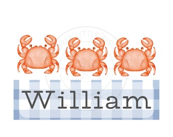 boy's personalized summer PNG, boy name shirt, summer boy PNG, crab shirt, gingham watercolor shirt, blue summer shirt, sublimation, digital