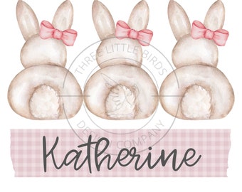 Pink Bunny Gingham Name PNG, sublimation, watercolor bunny, kids easter shirt, girls easter bunny bow png, digital download