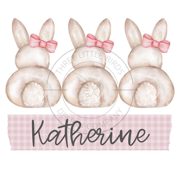 Pink Bunny Gingham Name PNG, sublimation, watercolor bunny, kids easter shirt, girls easter bunny bow png, digital download