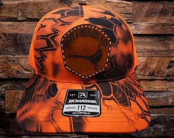 kryptek, blaze orange camo, Richardson 112p, pheasant hunting, leather patched hat, genuine leather, laser engraved, hand sewn, hand dyed