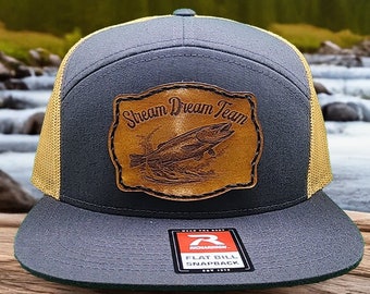 7 Panel Flat Bill Snapback - Stream Dream Team - Leather Patch with Engraved Trout - Choose Color & Leather Fishing hat