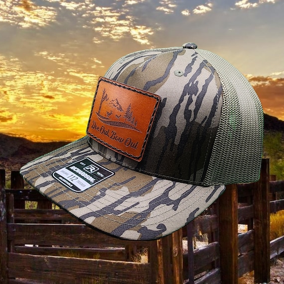 Doe Out Bow Out Hand Sewn Leather Patched Hunting Hat in Obsession Camo 112p Trucker Hat Genuine Leather Laser Engraved Dyed Leather Etsy