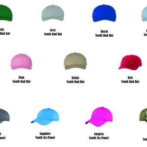 May include: Assortment of youth baseball caps in various colors, including kelly green, grey, royal blue, baby blue, pink, khaki, red, charcoal, sapphire, sangria, and camo.