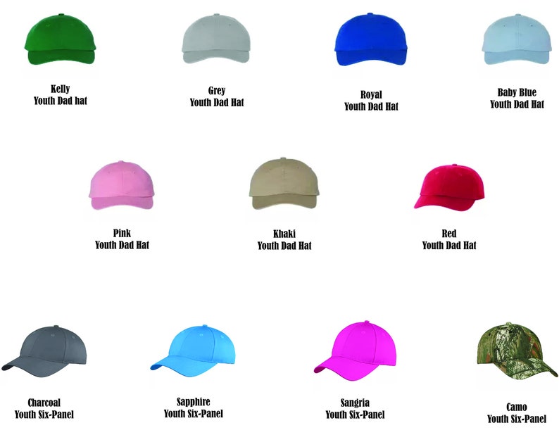 May include: Assortment of youth baseball caps in various colors, including kelly green, grey, royal blue, baby blue, pink, khaki, red, charcoal, sapphire, sangria, and camo.