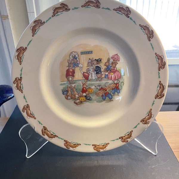 Bunnykins Plate with the Ticket Queue pattern by Royal Doulton.  Bunnykins China. Royal Doulton China, christening gift, vintage bunnykins