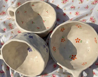 Dainty Cherry Mug | Flower Mug | Aesthetic Mugs, Handmade Pottery, Handmade Ceramics, Gifts For Her, Cute, Trendy, Cherries, Flowers