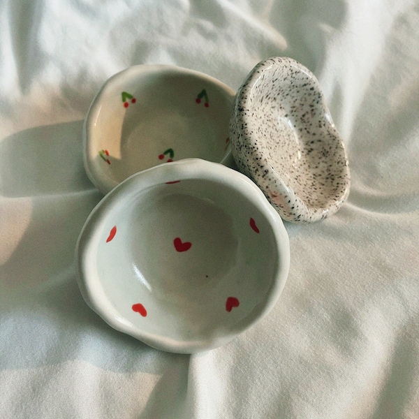 Ring Dishes | handmade pottery, ceramics, cute ring dish, cherries, hearts, gifts for her, jewlery dish, aesthetic pottery