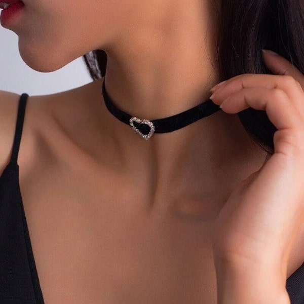 Black Velvet Choker With Heart Pendant • Ultra Comfortable Stretch Velvet With Crystal Heart For Women Classy and Formal