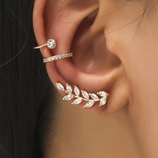 Minimalist Ear Cuff Set • No Piercing Willow Branch Ear Cuff CZ Rhinestone Earrings-sterling silver Studs Ear Crawler Conch Piercing
