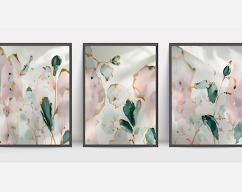 Sage Green and Blush Pink Floral Wall Art Set, Modern Minimalist Decor