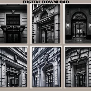 Puede incluir: Descarga digital en blanco y negro con seis imágenes enmarcadas de fachadas de tiendas de lujo, incluyendo Ralph Lauren, Gucci, Armani, Chanel, Dior y Louis Vuitton. Las imágenes muestran detalles arquitectónicos y señalización de marcas.