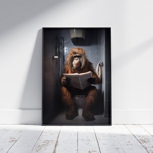 Monkey on Toilet with Newspaper, Victorian Toilet, Funny Bathroom Print, Animal on Toilet, Monkey with Paper, Whimsy Animal