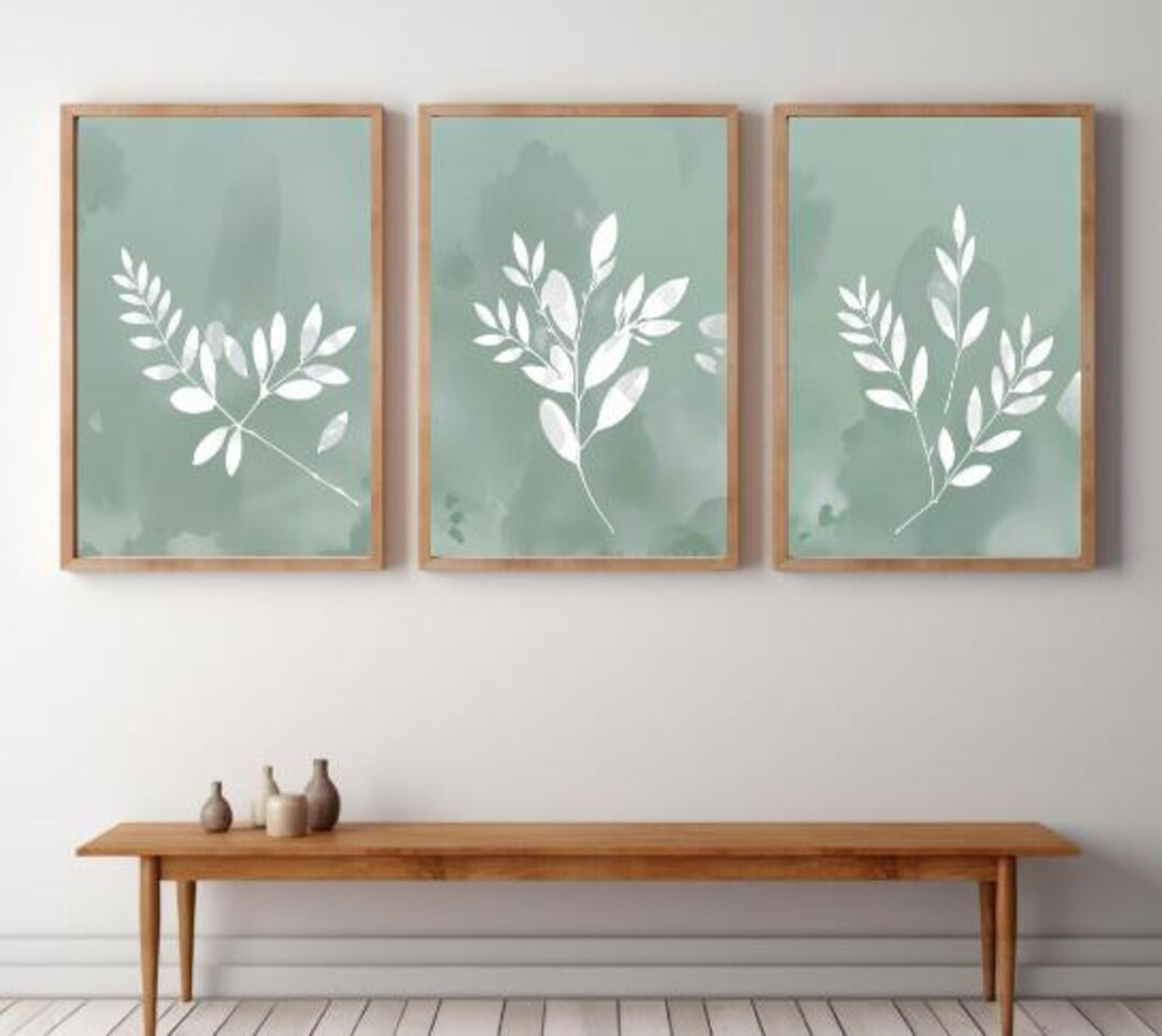 Set of 3 Botanical Prints | Sage Green Leaf Wall Art | Minimalist ...
