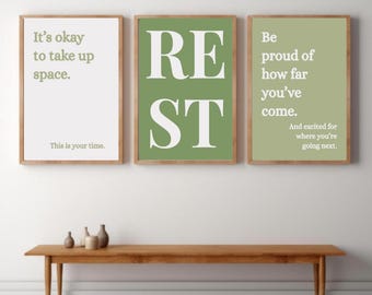 Positive Affirmation Prints Set of 3, Green Motivational Wall Art, Self Love Quote Prints, Bedroom Decor