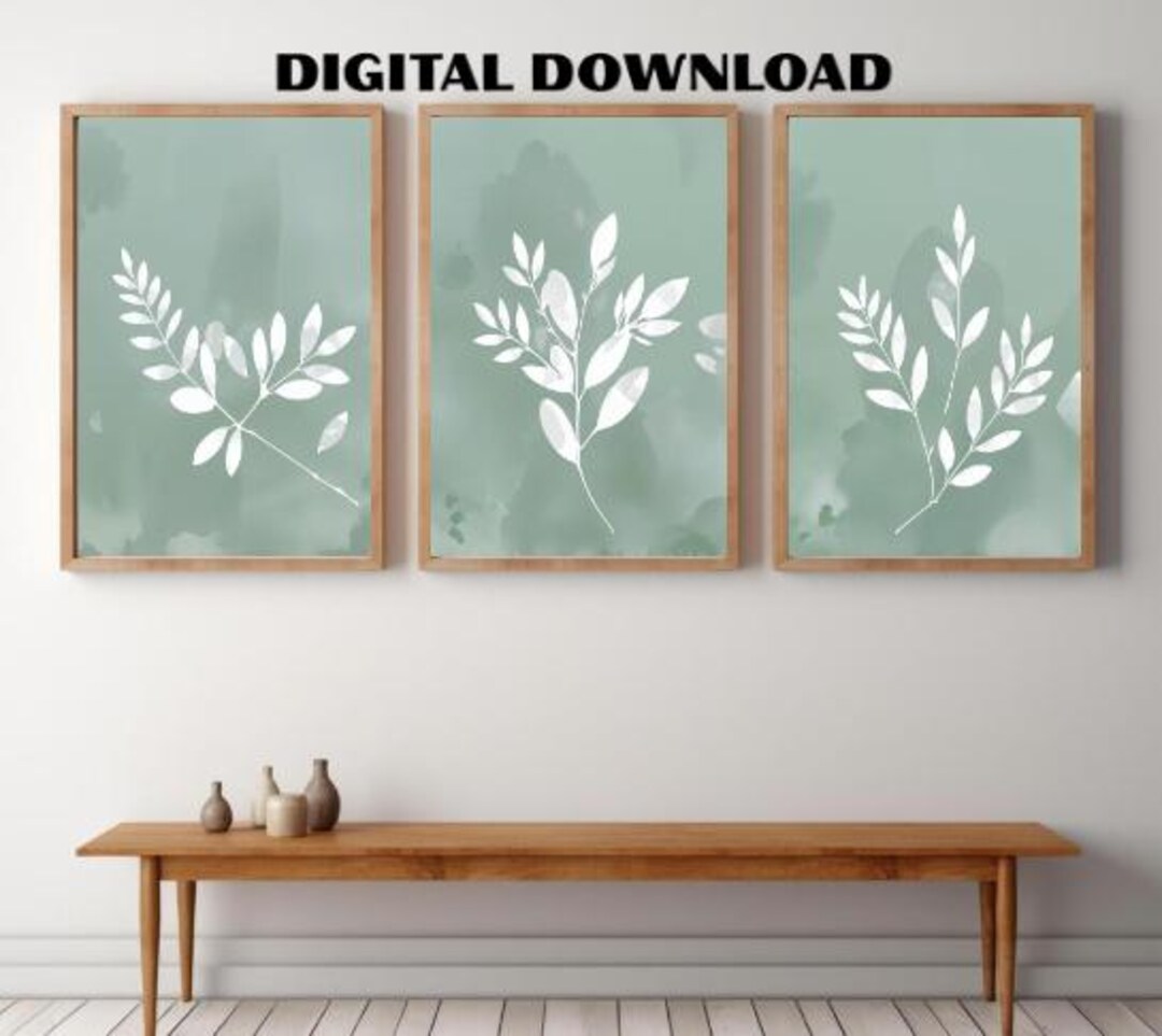 Set of 3 Botanical Prints | Sage Green Leaf Wall Art | Minimalist ...