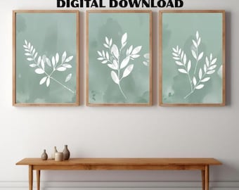 Lot de 3 gravures botaniques | Art mural feuille vert sauge | Imprimés nature minimalistes | Décoration neutre moderne | Impression pour salon, impression numérique