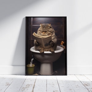 Cat on Toilet with Newspaper, Victorian Toilet, Funny Bathroom Print, Animal on Toilet, cat with Paper, Whimsy Animal