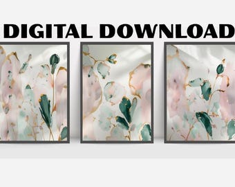 Sage Green Blush Pink Floral Art Prints, Boho Wall Decor Set (Digital Download)
