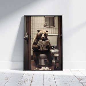 Bear on Toilet with Newspaper, Victorian Toilet, Funny Bathroom Print, Animal on Toilet, Bear with Paper, Whimsy Animal