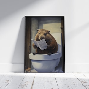 Beaver on Toilet with Newspaper, Victorian Toilet, Funny Bathroom Print, Animal on Toilet, Beaver with Paper, Whimsy Animal