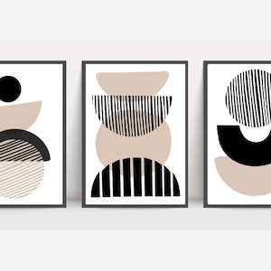 Modern Neutral Abstract Gallery Wall Art, Set of 3, Neutral Prints, Modern Abstract Art, Black Beige, Abstract Art