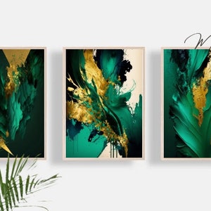 Gold Fluid Ink And Emerald Green Living Room Wall Posters, Bedroom Wall Prints, Glam Wall Print Set of 3