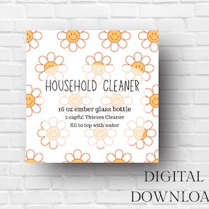 Printable Thieves Cleaning Labels, Printable All Purpose Cleaner Label, Flower, Smiley Face,  16oz Spray Bottle Label, Digital Download