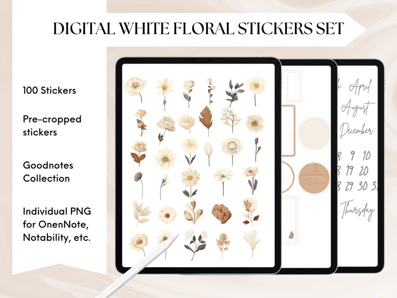 Digital White Floral Goodnotes Stickes Digital Planner Stickers, Flower Stickers, Individual PNG