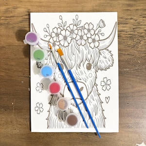 Highland Cow Coloring Canvas Set | Flower Crown Cow Art Kit with Paint & Brushes | Fun DIY Gift for Kids or Adult | Cute Gift for Cow Lovers