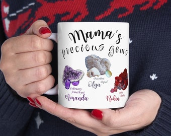 Cadeau Mug Fête des Mères avec Pierres de Naissance Personnalisées pour les Mamans Prénoms Personnalisés pour les Enfants Pierres Précieuses Souvenir pour Maman Grand-Mère Mois de Naissance Prénoms Pierres Précieuses