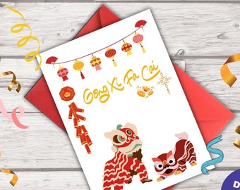 Tarjeta de felicitación imprimible del Año Nuevo chino Descargas instantáneas Diseños de petardos y linternas del zodíaco chino Descargas digitales del Año Nuevo Lunar