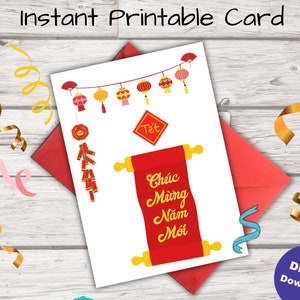 Tarjeta de felicitación imprimible del Año Nuevo Lunar vietnamita Descargas instantáneas Diseños de linternas del zodíaco festivo vietnamita Año Nuevo Tet Descargas digitales