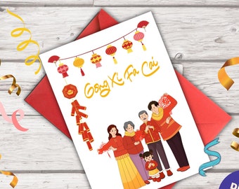 Tarjeta de felicitación imprimible del Año Nuevo chino Descargas instantáneas Diseños de petardos y linternas del zodíaco chino Descargas digitales del Año Nuevo Lunar