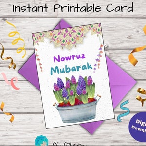 Nowruz Mubarak Capodanno biglietto di auguri stampabile download istantanei simboli persiani persiani Sofreh Haftseen Designs regalo digitale celebrazione
