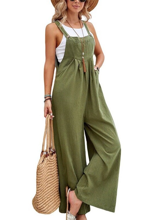 Women'S Fashion Casual Striped Loose Long Jumpsuit Cotton Linen Sleeveless  Suspender Overalls With Pockets Breathable Trousers Pants