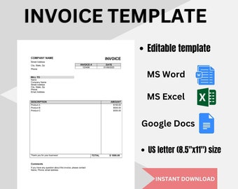 Bearbeitbare Rechnungsvorlage: Minimalistisches Design für Excel, Word, Google Docs (US Letter)