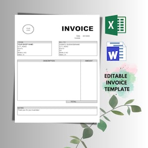 Op de afbeelding: Een bewerkbare factuurtemplate in zwart-wit met de woorden "INVOICE" en "EDITABLE INVOICE TEMPLATE" in vetgedrukte letters. De template bevat velden voor "FROM", "BILL TO", "DESCRIPTION", "AMOUNT", "TOTAL" en "NOTES".