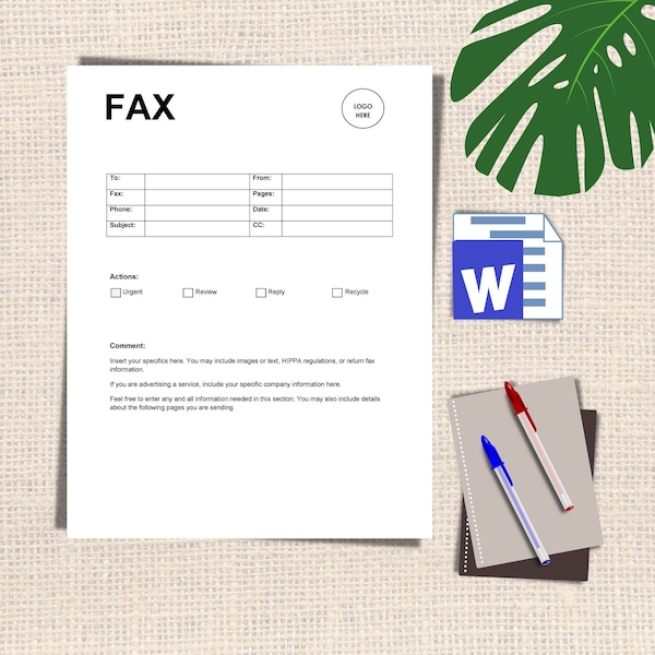 MS Word Professional Fax Cover Sheet Template -  Fax Cover Sheet Printable Form - Instant Download - Cover Sheet for Fax - Fax Template Word