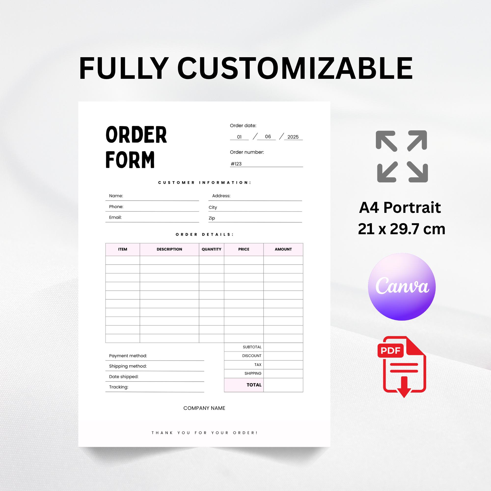 Editable Order Form Template: Canva & Fillable PDF for Small Business ...