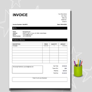 Editable Invoice Template pdf - Microsoft word invoice template - Fillable Invoice Template  - Blank Invoice pdf - custom invoice