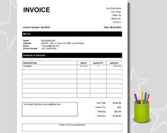 Editable Invoice Template pdf - Microsoft word invoice template - Fillable Invoice Template  - Blank Invoice pdf - custom invoice