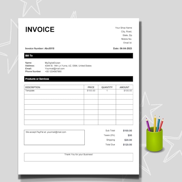 Editable Invoice Template pdf - Microsoft word invoice template - Fillable Invoice Template  - Blank Invoice pdf - custom invoice