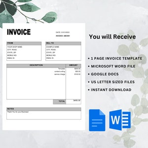 Rechnungsvorlage Google Docs und MS Word - Geschäftsrechnung - Rechnungswort - Bearbeitbare Rechnung - Benutzerdefinierte Rechnung - Leere Rechnungsvorlage