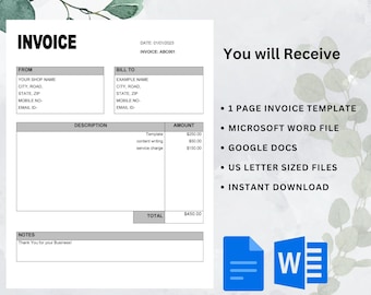 Modèle de facture modifiable : MS Word et Google Docs (téléchargement numérique)
