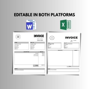 K&ouml;nnte beinhalten: Eine schwarz-wei&szlig;e Rechnungsvorlage mit dem Wort "RECHNUNG" oben. Die Vorlage ist sowohl in Microsoft Word als auch in Excel bearbeitbar. Die Vorlage enth&auml;lt Felder f&uuml;r Datum, Rechnungsnummer, von, an, Beschreibung, Betrag und Gesamtbetrag.