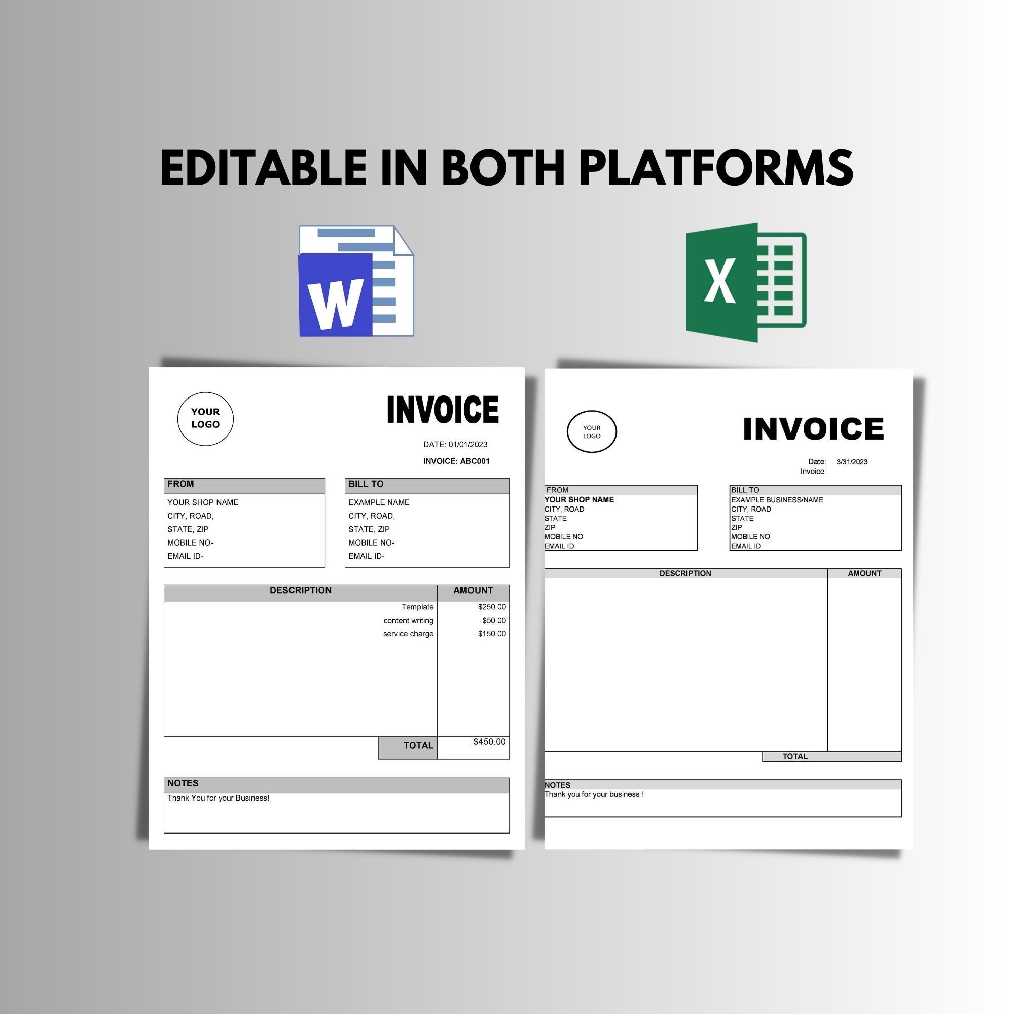 Editable Invoice Template, Microsoft Word & Excel | Digital Download - Etsy